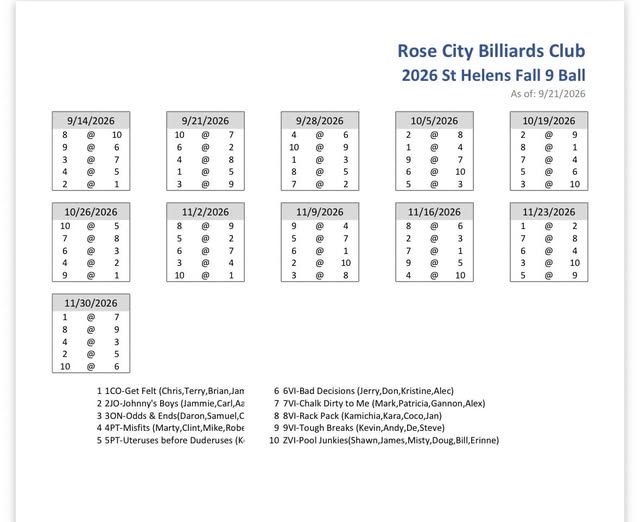 Rose City Billiards Club, 2026 St Helens Fall 9 Ball schedule as of September 21, 2026. Full match schedule is transcribed above.