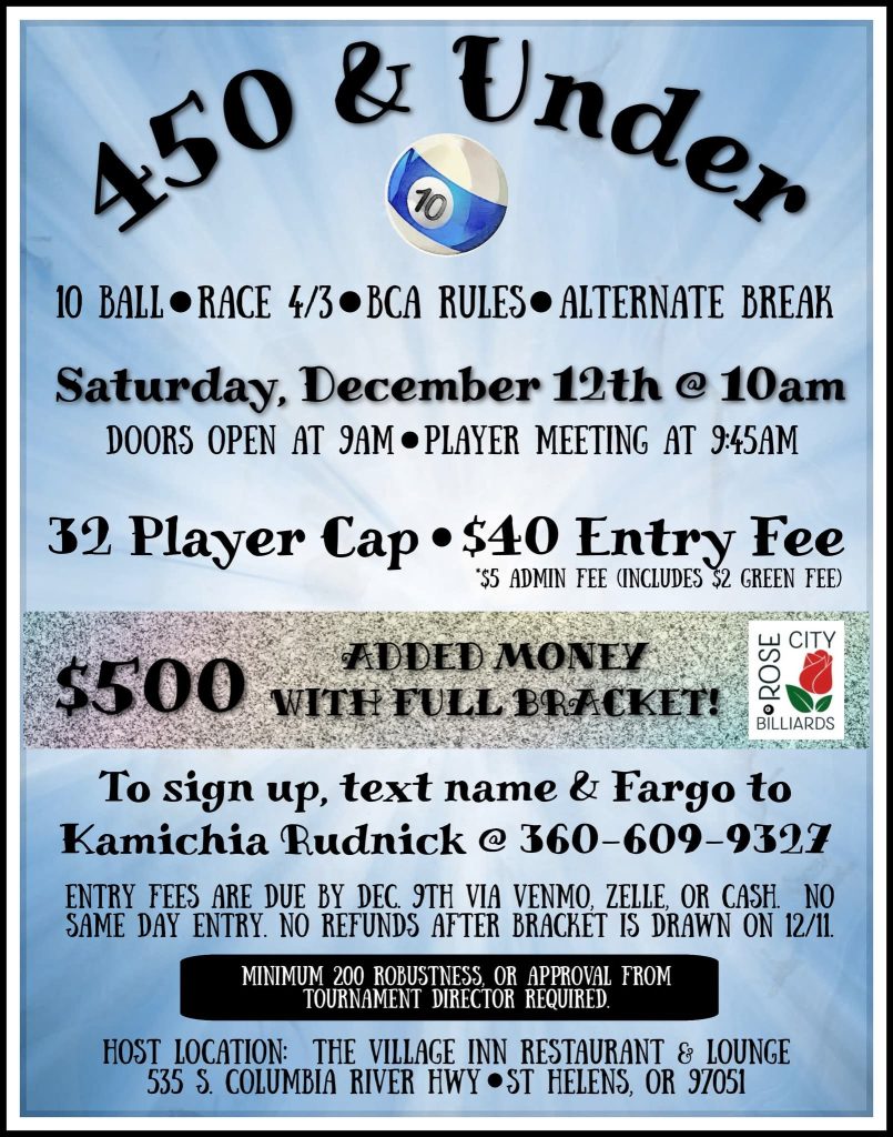 450 and Under 10-Ball Tournament poster